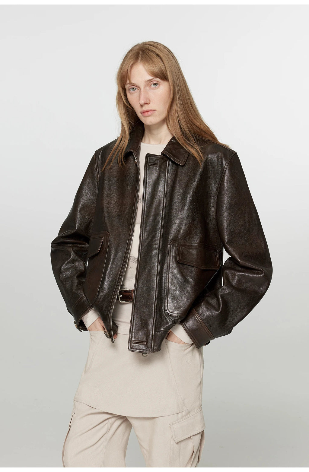 Women Brown Distressed PU Leather Jacket