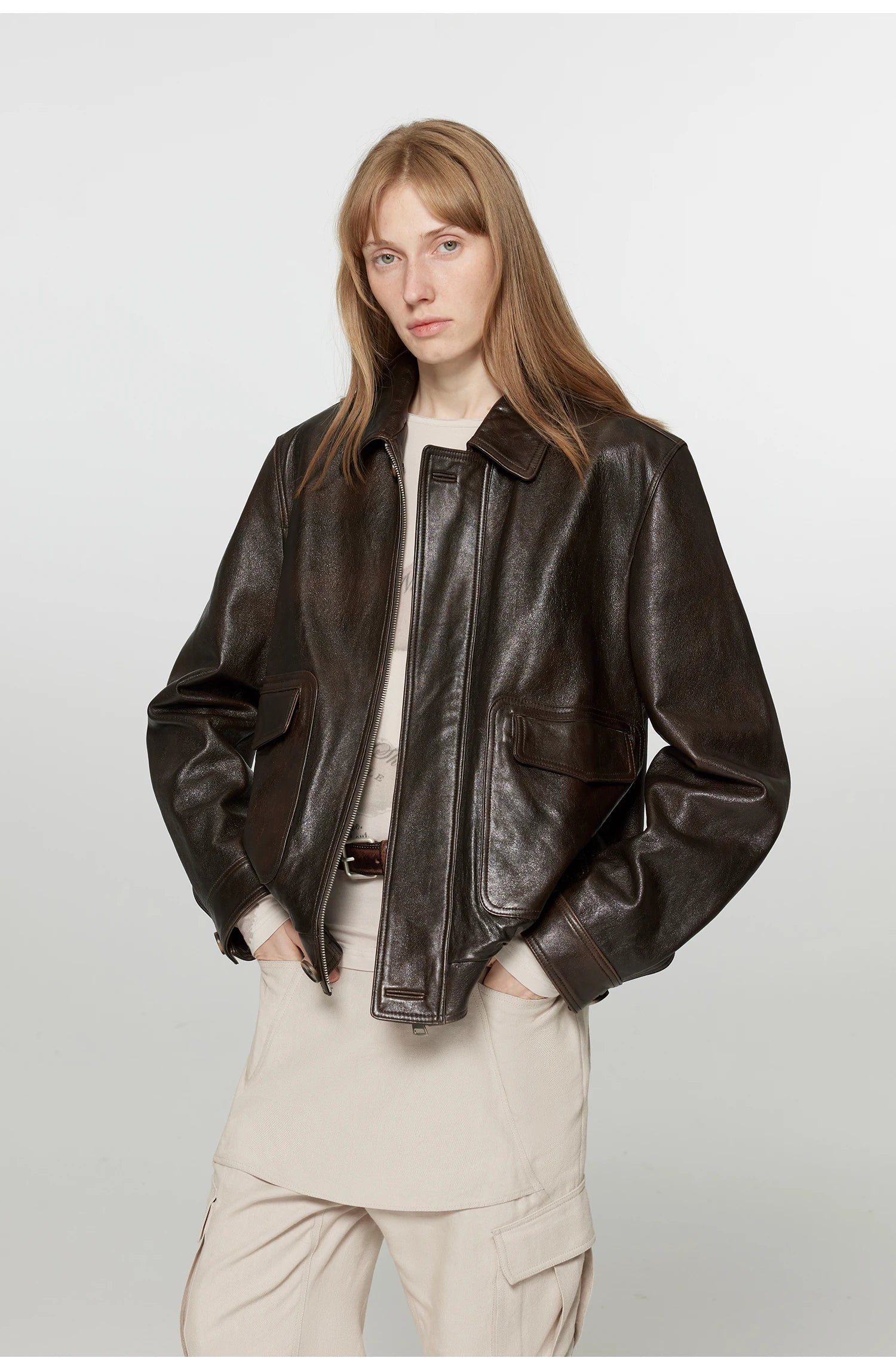 Women Brown Distressed PU Leather Jacket