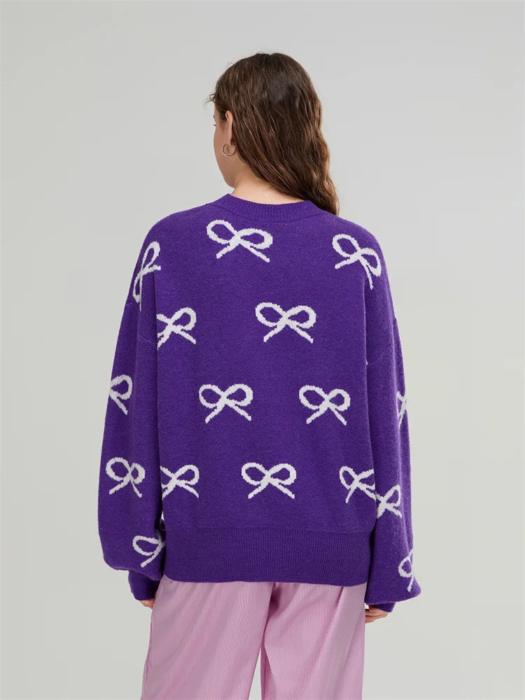Cozy Chill Season Bow Print Long Sleeve Sweater
