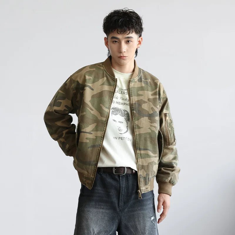 Vintage American Style Camo Baseball Bomber Jacket