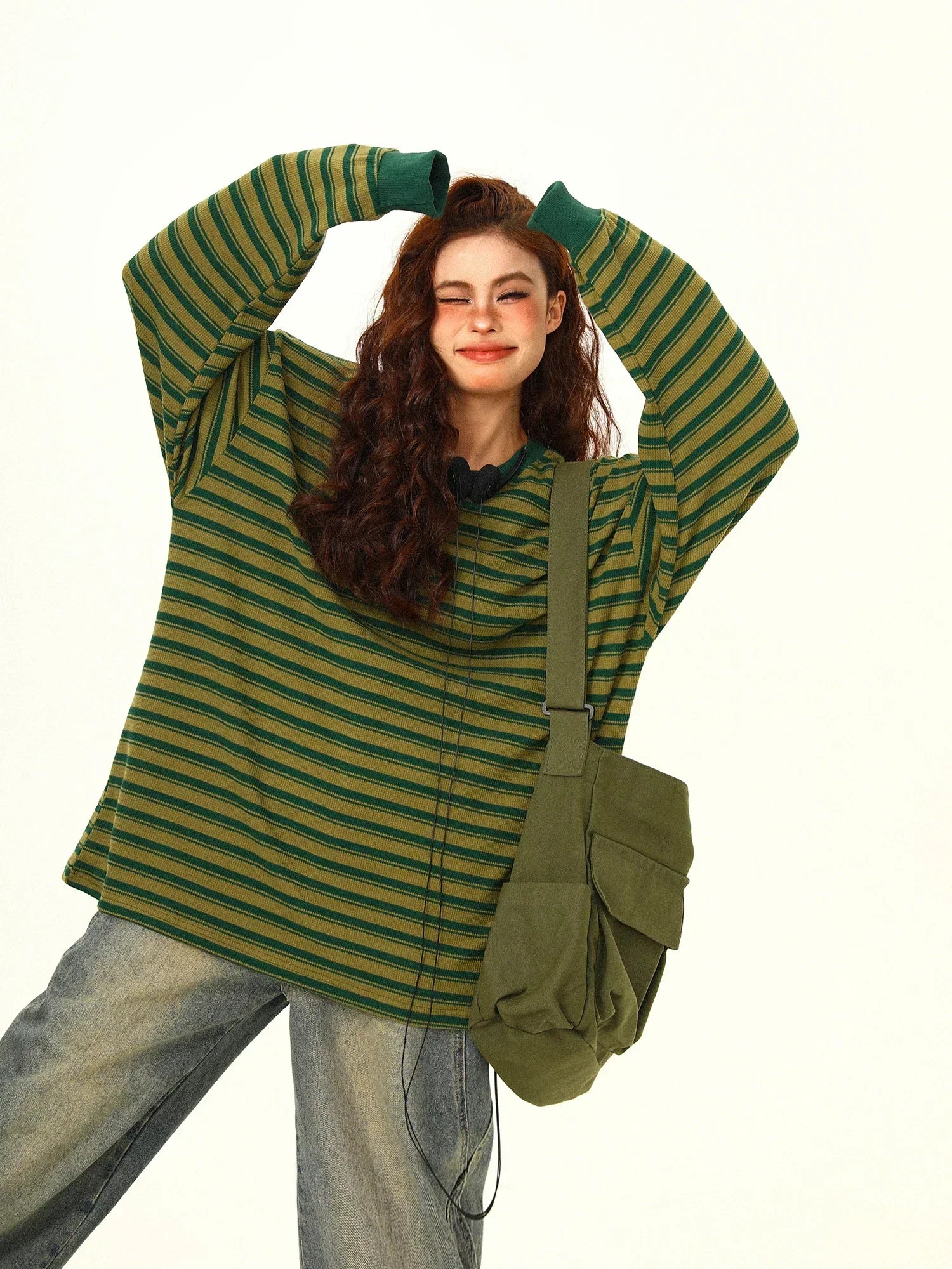 Green Stripe Loose Casual Sweatshirt