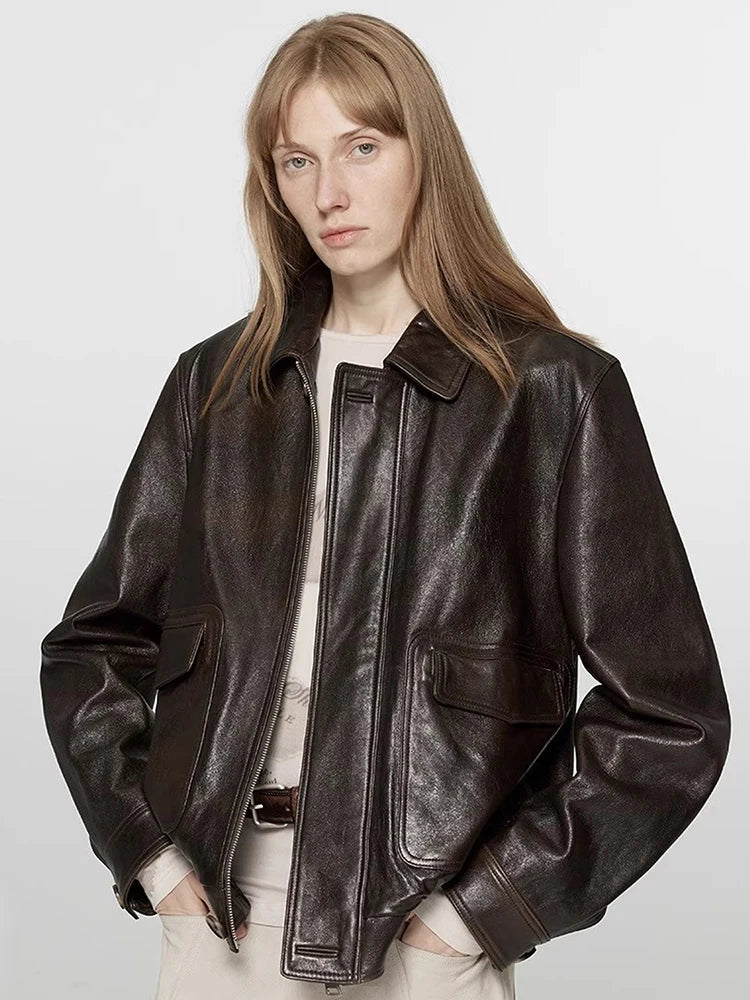 Women Brown Distressed PU Leather Jacket