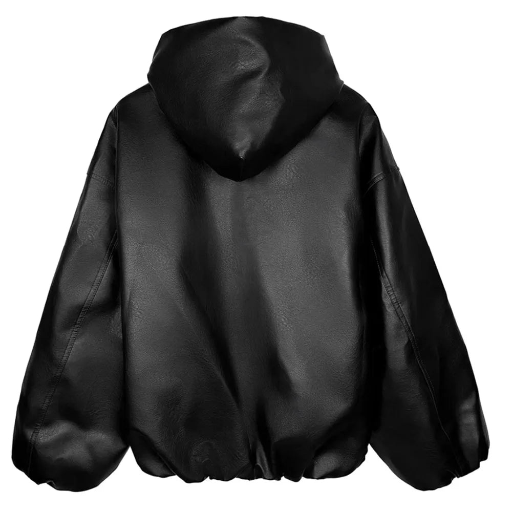 Black PU Windbreaker Coat Zipper Leather Jacket