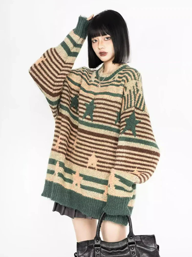 Y2K Starry Strips Oversized Sweater