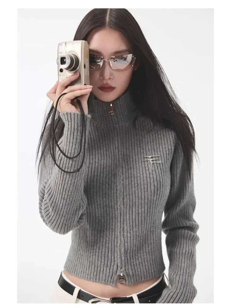 Women Vintage Grey Zipper Sweatshirt