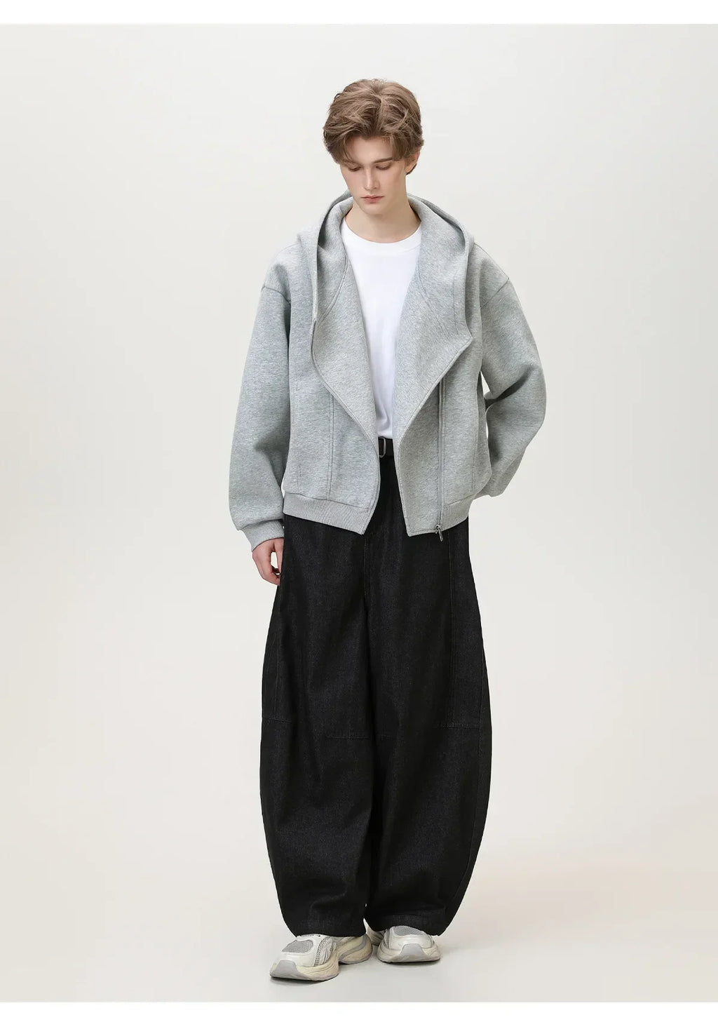 Textured Slant Zipper Hooded Sweatshirt