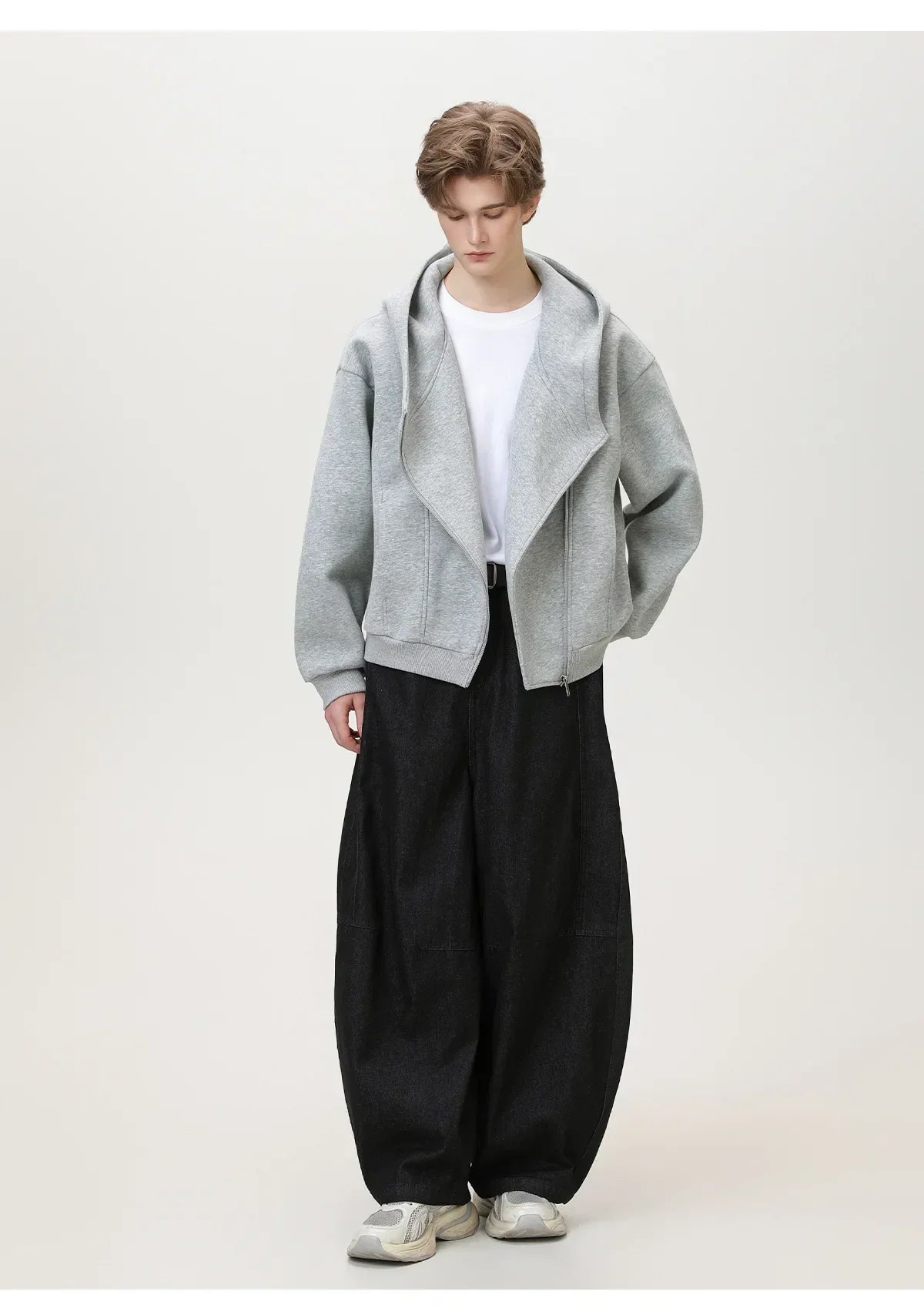 Textured Slant Zipper Hooded Sweatshirt