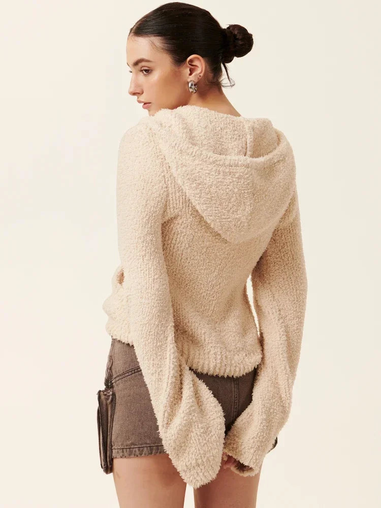 Cozy Vintage Brown Plush Hooded Puffer Sweatshirt