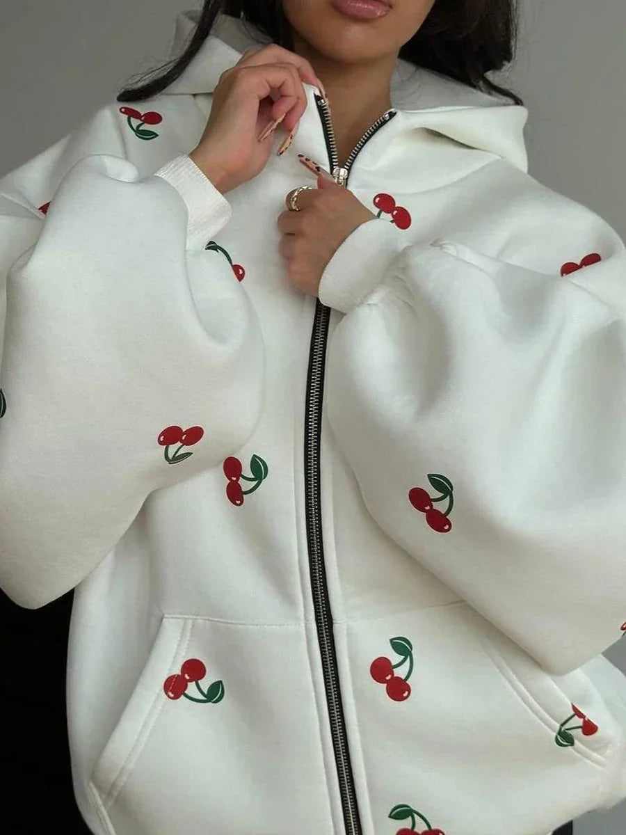 Cherry Print Oversized Zip-Up Hoodie Sweatshirt