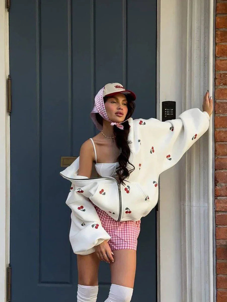 Cherry Print Oversized Zip-Up Hoodie Sweatshirt