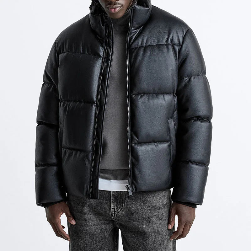 Thick Faux Leather Standing Collar Jacket