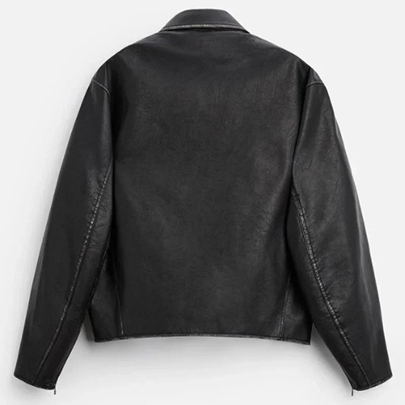 Distressed Faux Leather Lapel Jacket