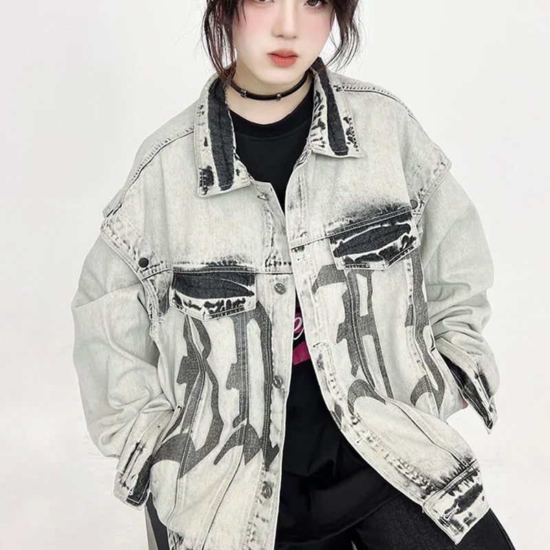 Washed Gray Oversize Letter Work Denim Jacket