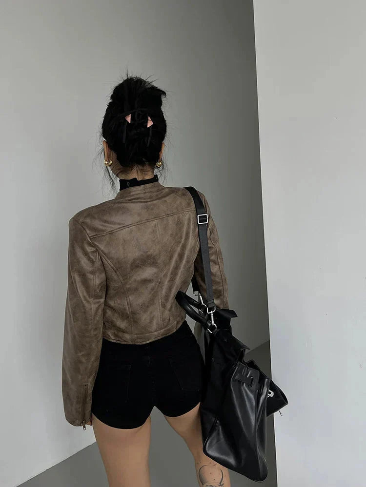 Women Retro Slim Stand Collar Leather Jacket