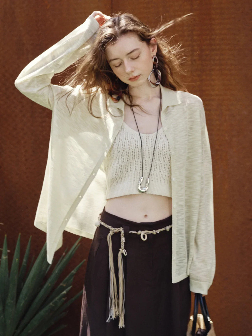 Women Classic Retro Soft Bamboo Linen Knitted Cardigan