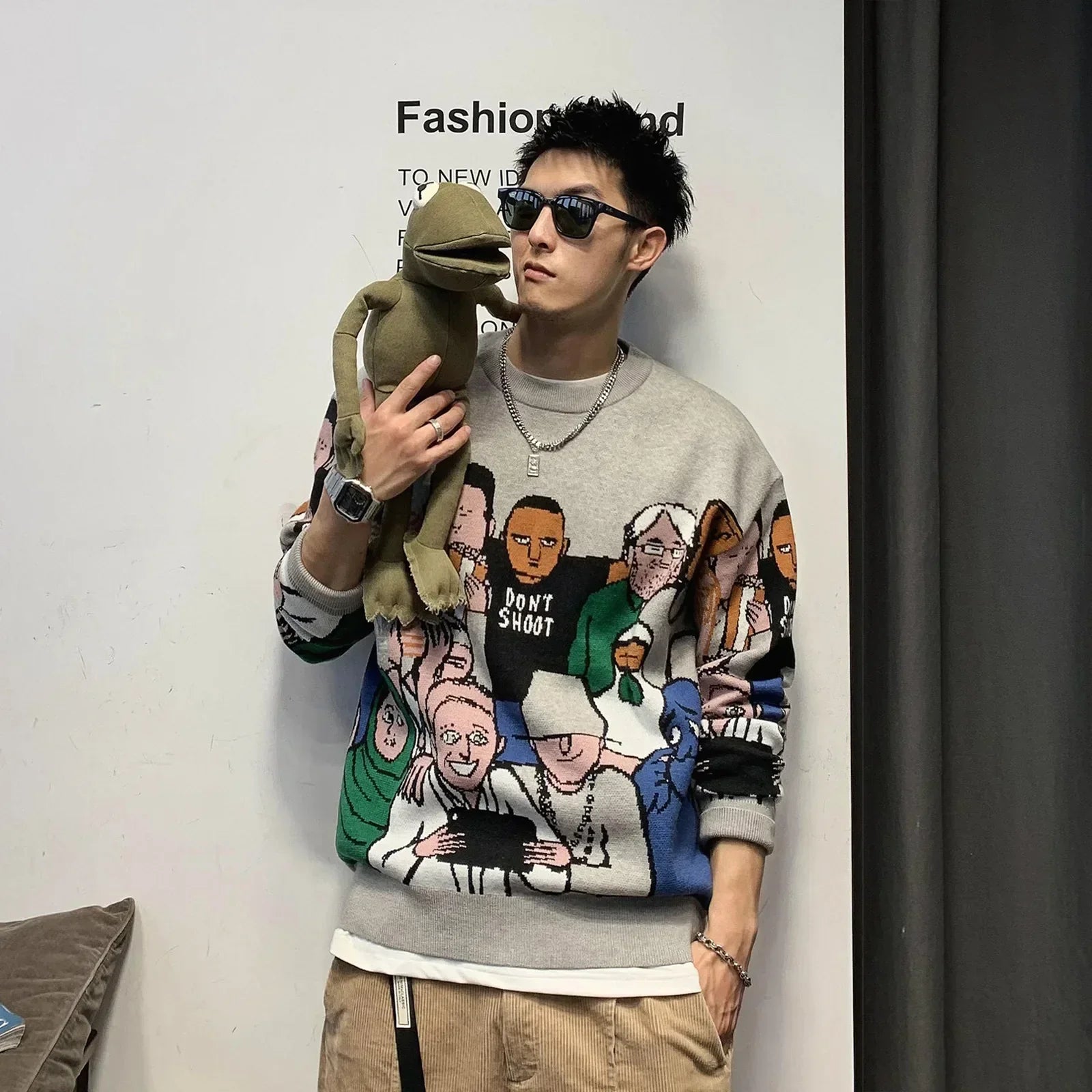 Cozy Patchwork Rabbit O Neck Sweater