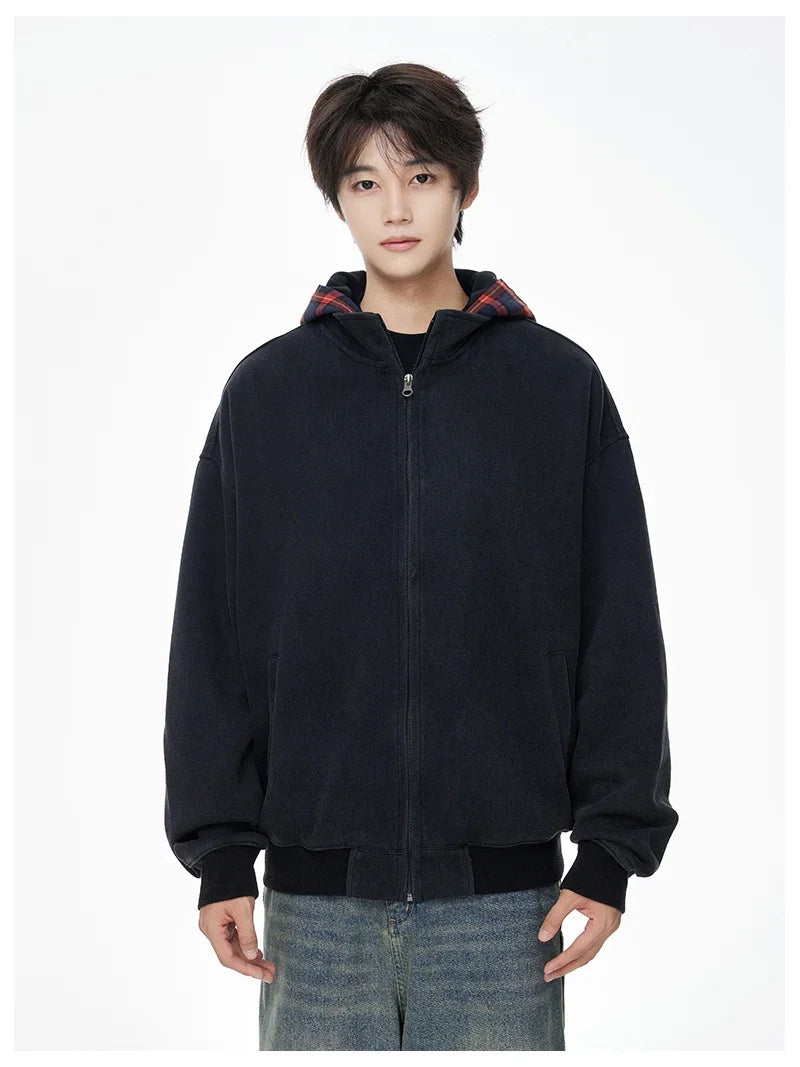 Vintage Streetwear Plaid Zipper Cool Hooded Sweatshirt