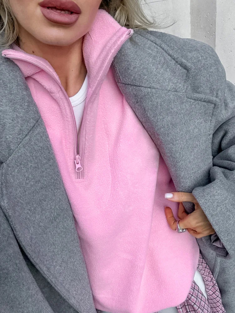 Oversized Pink Zipped Fleece SweatShirt