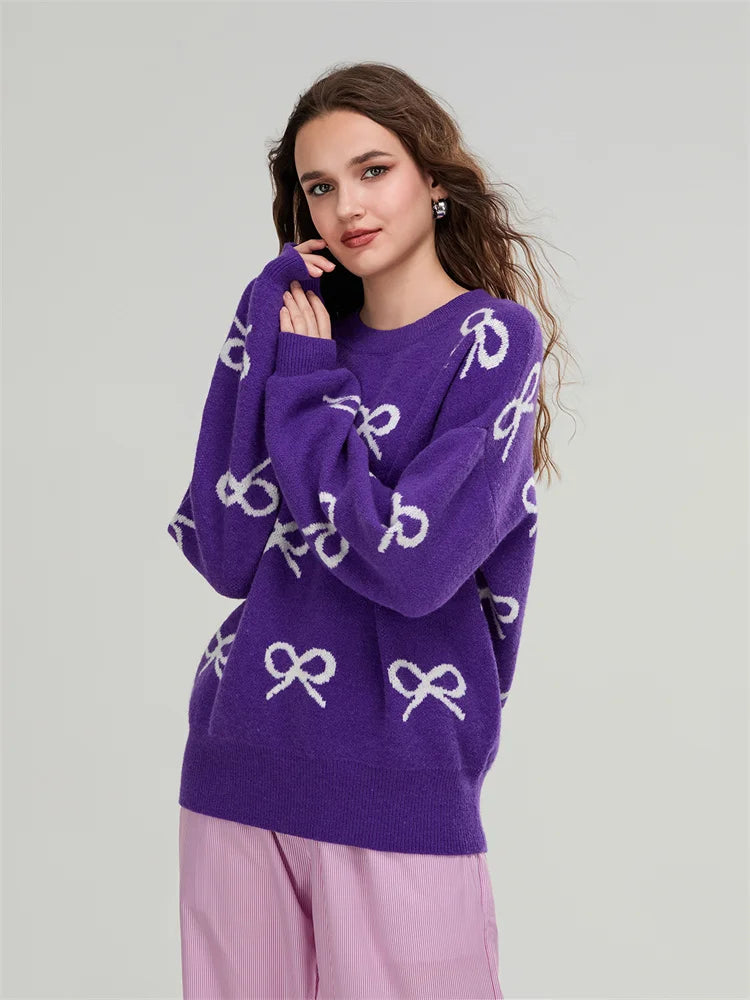 Cozy Chill Season Bow Print Long Sleeve Sweater