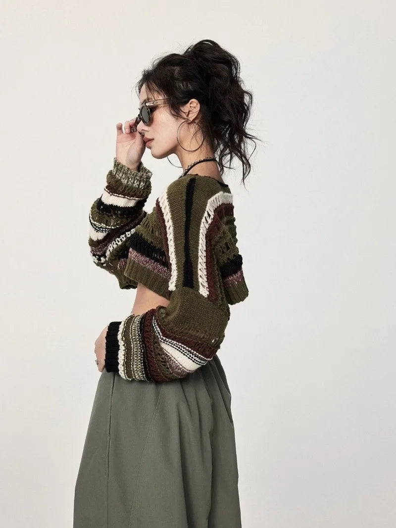 Green Stripe Hollow Out Knit Sweater