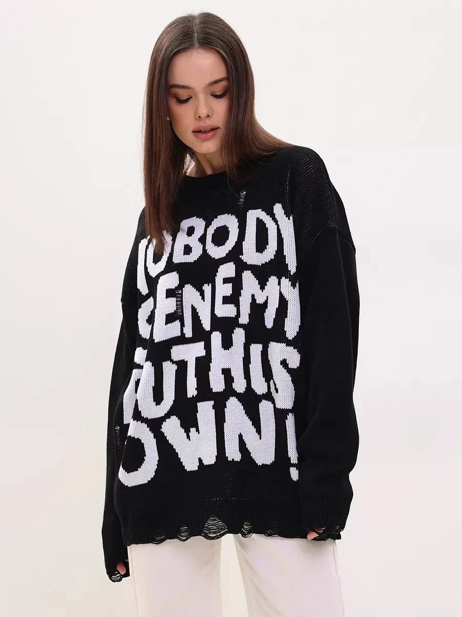 Women Retro Oversized Letter Printed Sweater