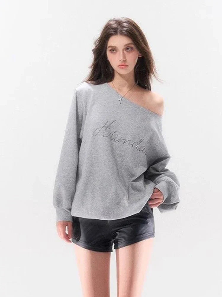Women Gray Letter Diamonds Off-Shoulder Sweatshirt