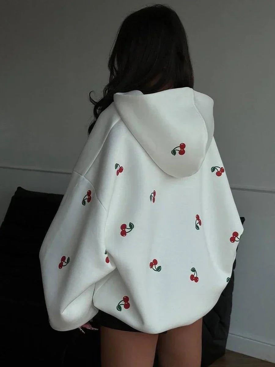 Cherry Print Oversized Zip-Up Hoodie Sweatshirt