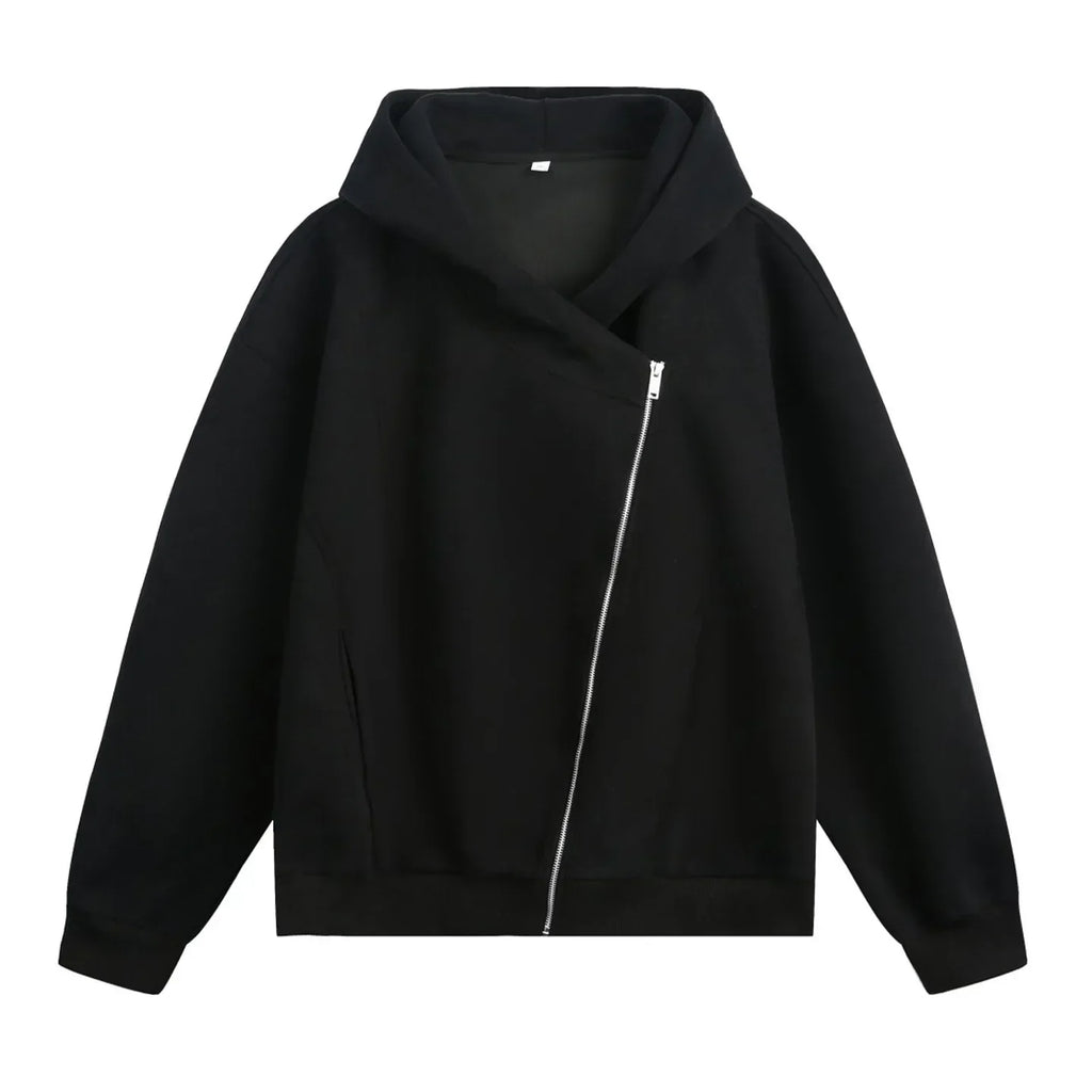 Textured Slant Zipper Hooded Sweatshirt