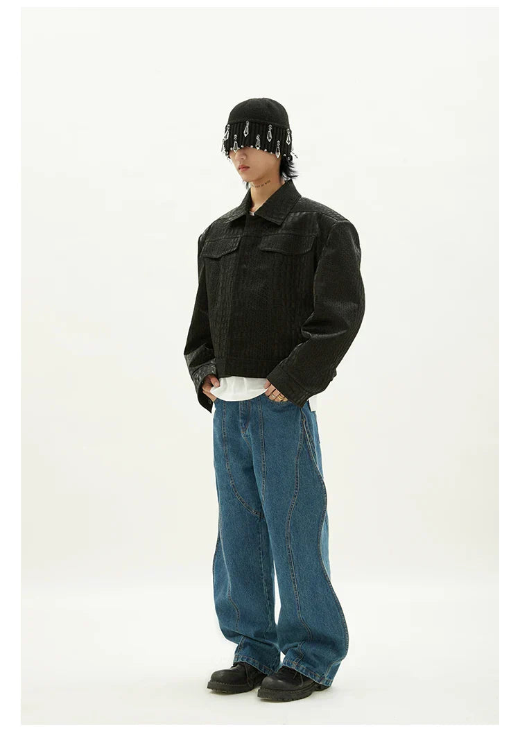 Luxury Crocodile Print Black Leather Jacket