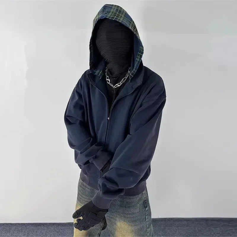 Vintage Streetwear Plaid Zipper Cool Hooded Sweatshirt