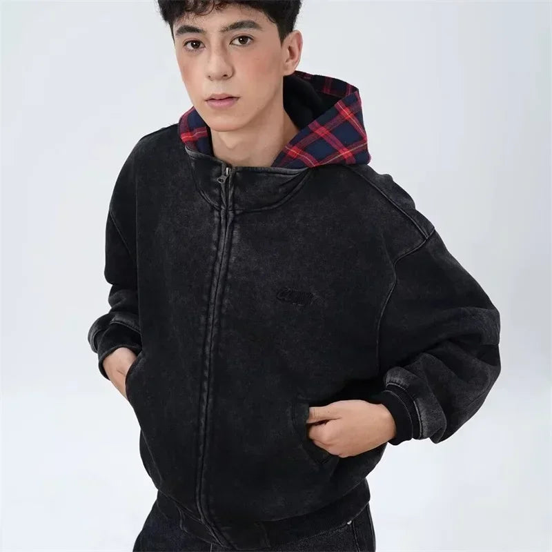 Vintage Streetwear Plaid Zipper Cool Hooded Sweatshirt