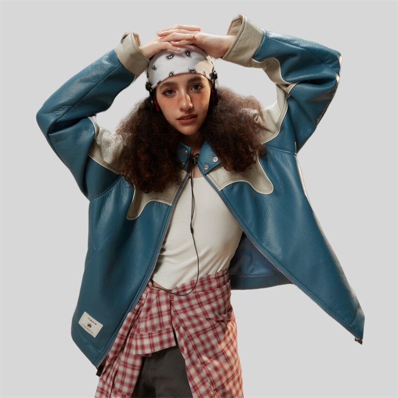 Waterproof Color block Leather Varsity Jacket