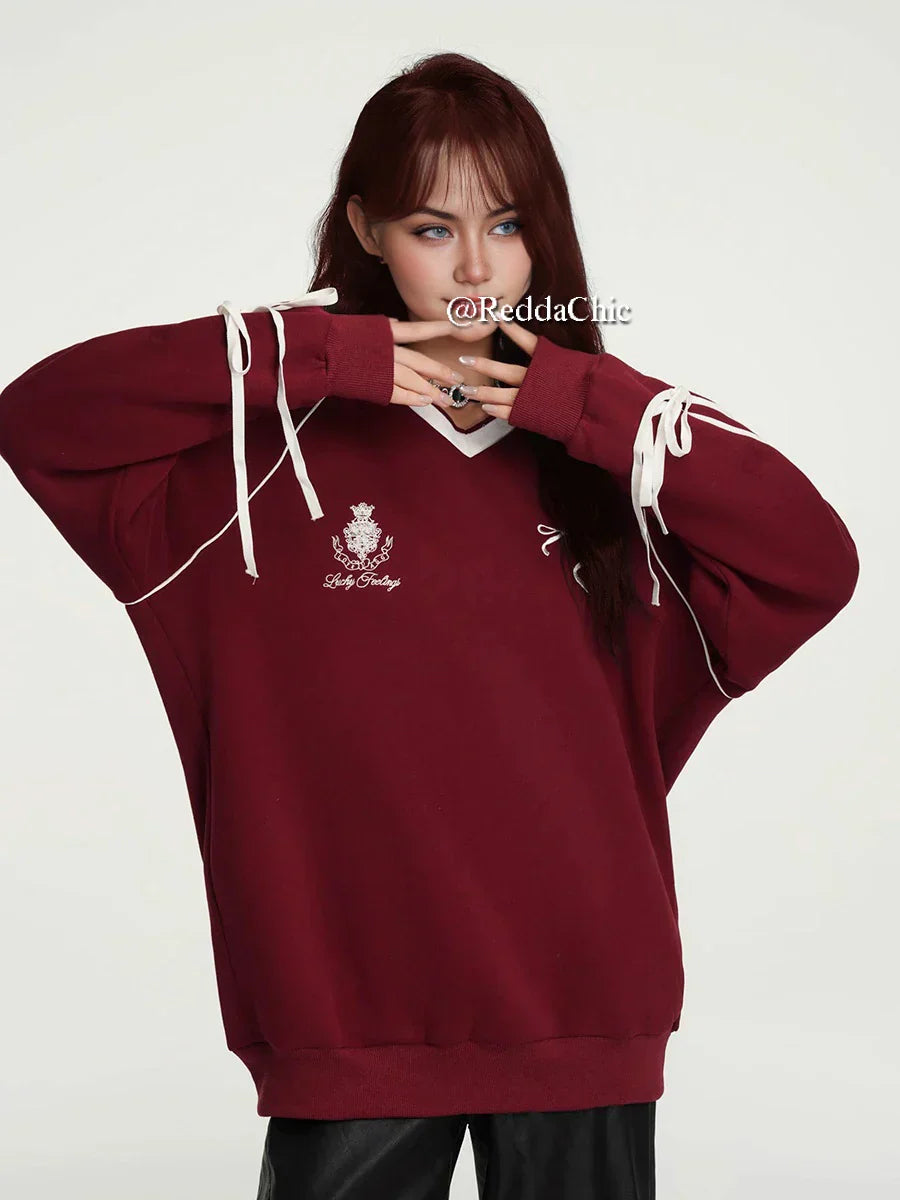 Retro Red Baseball Stripe Fleece Sweatshirt