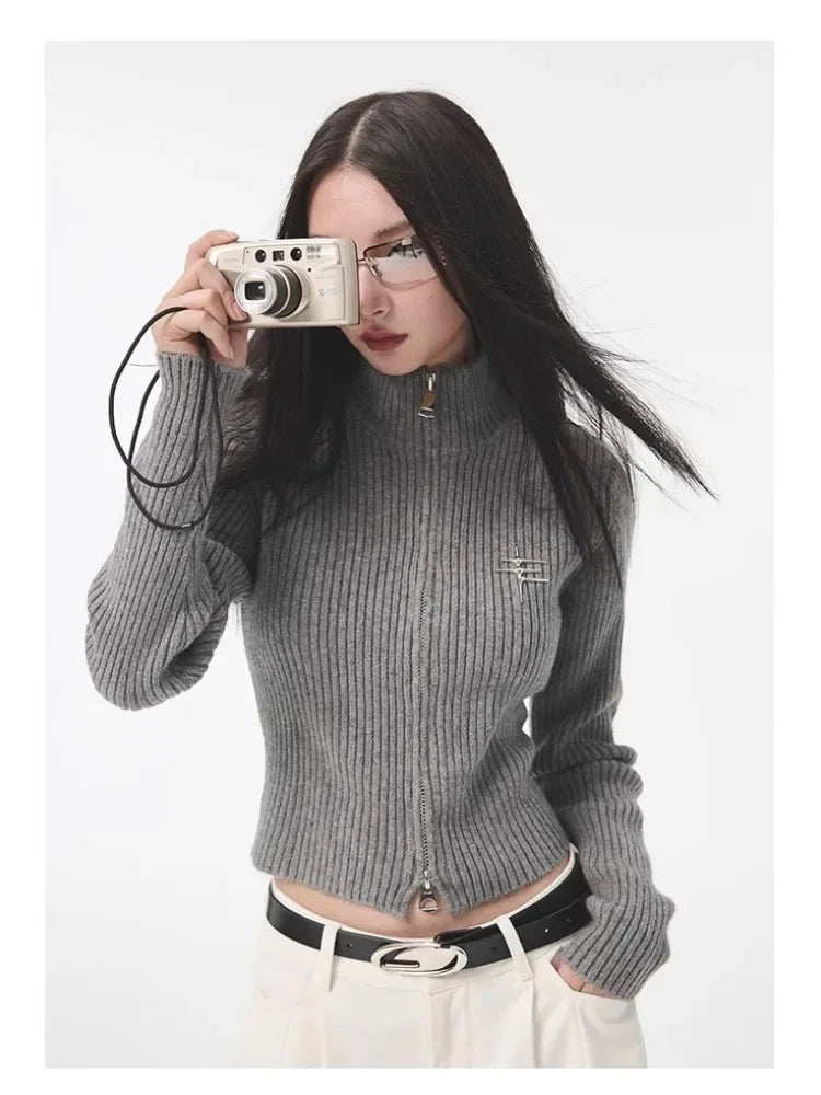 Women Vintage Grey Zipper Sweatshirt