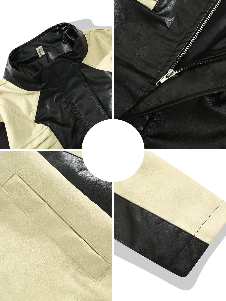 Pleated Contrast Biker Leather Jacket