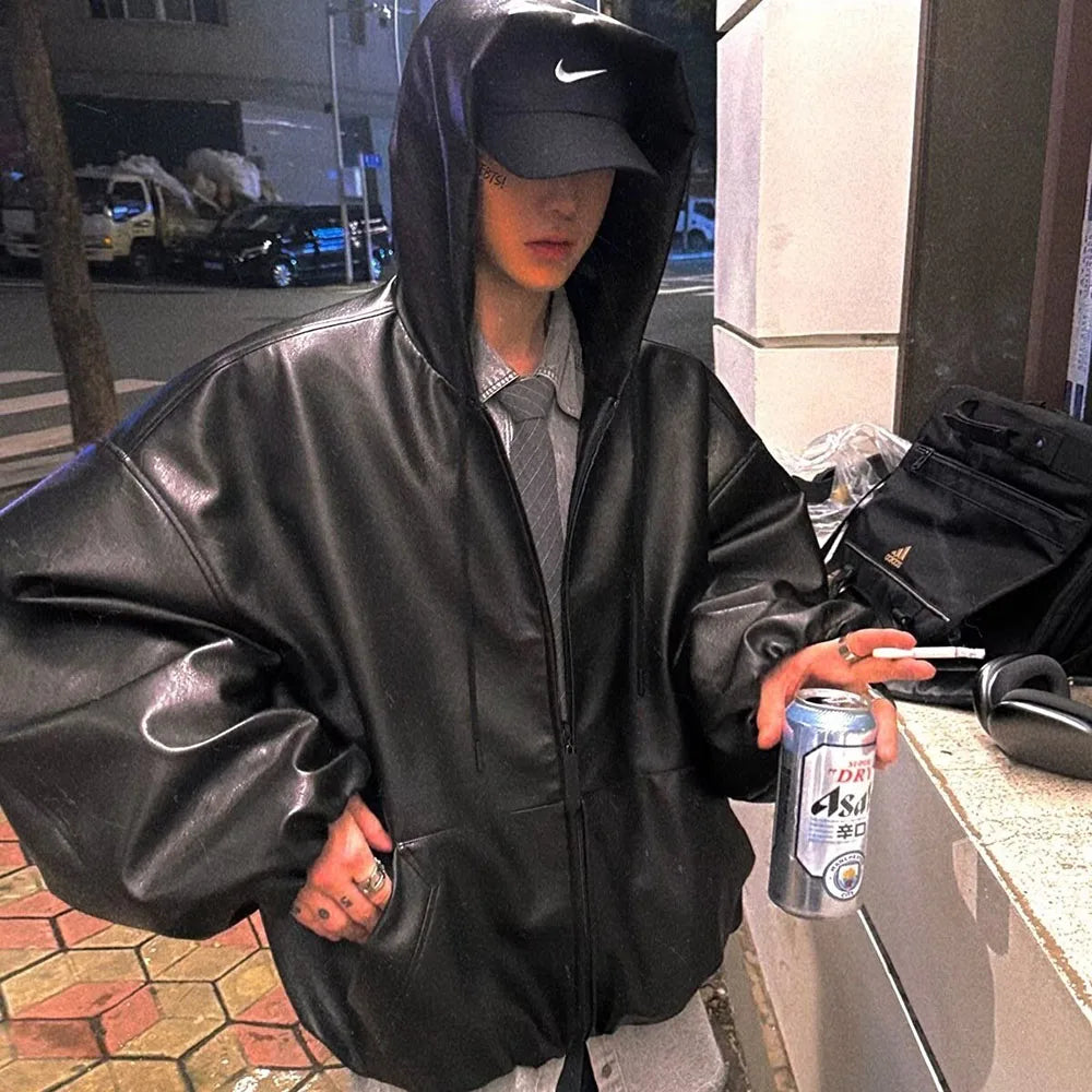 Black PU Windbreaker Coat Zipper Leather Jacket