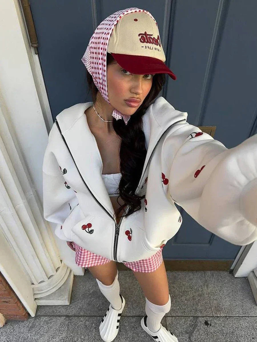 Cherry Print Oversized Zip-Up Hoodie Sweatshirt