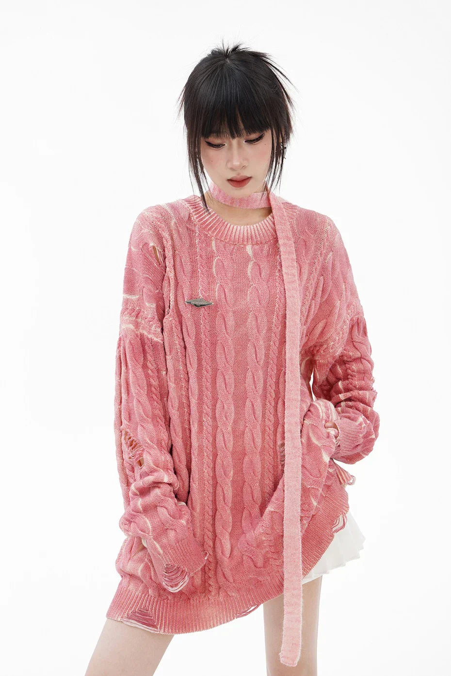 Distressed Cable Knit Sweater