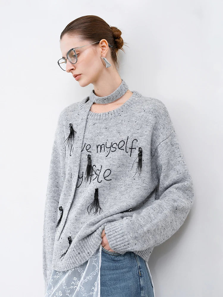 Women Luxury Ostrich Hair Embroidered Knit Sweater