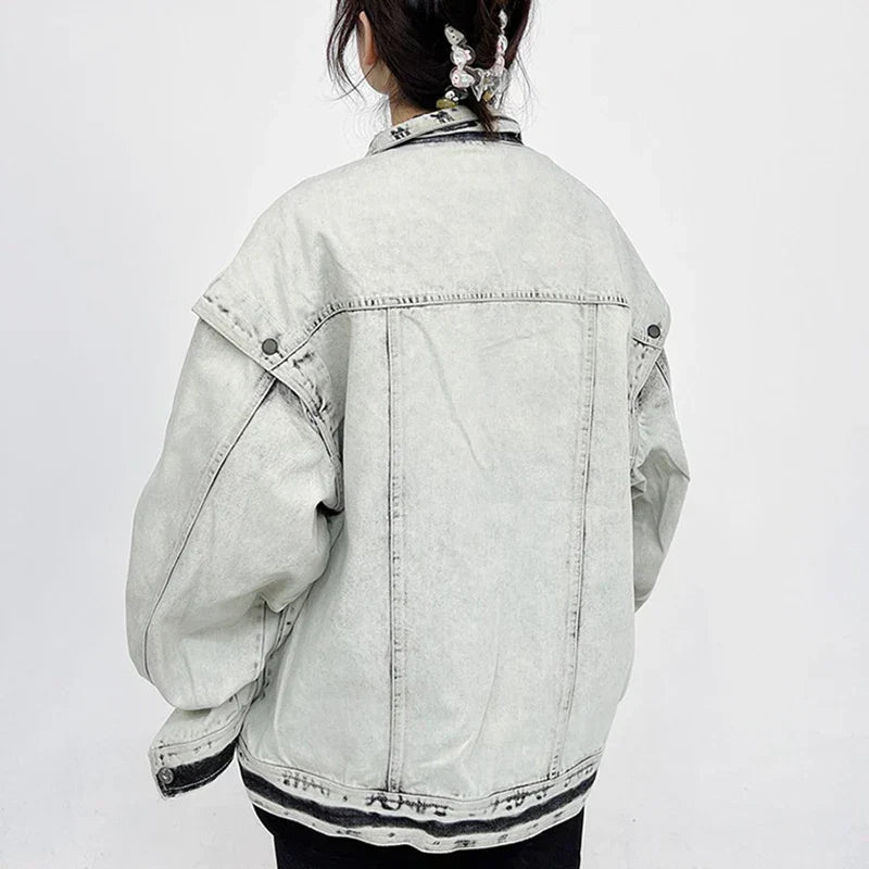 Washed Gray Oversize Letter Work Denim Jacket