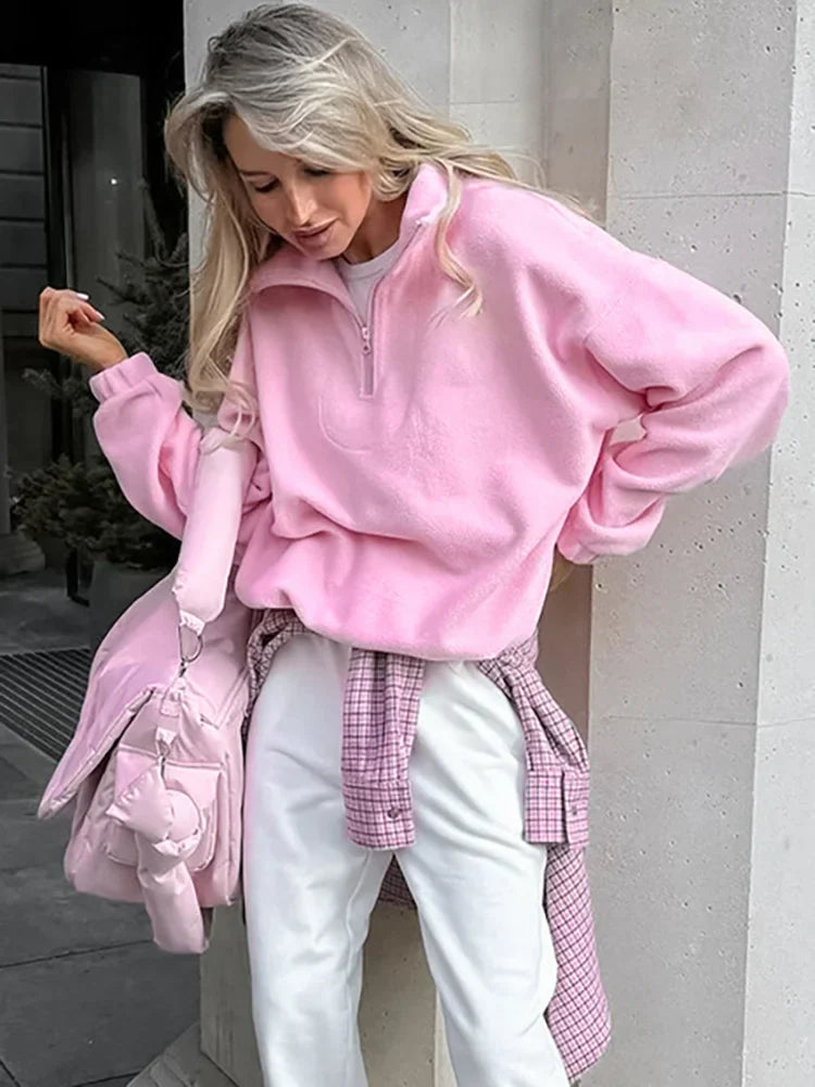Oversized Pink Zipped Fleece SweatShirt