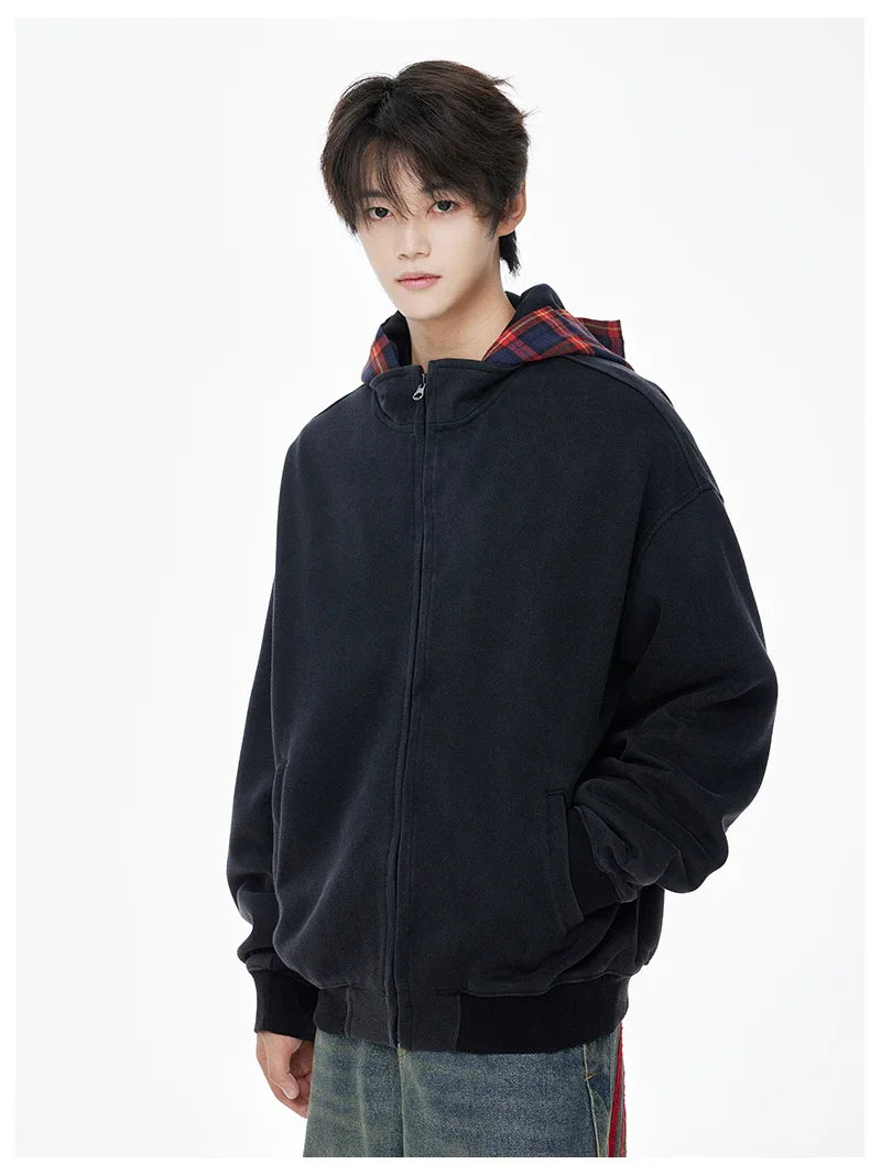 Vintage Streetwear Plaid Zipper Cool Hooded Sweatshirt