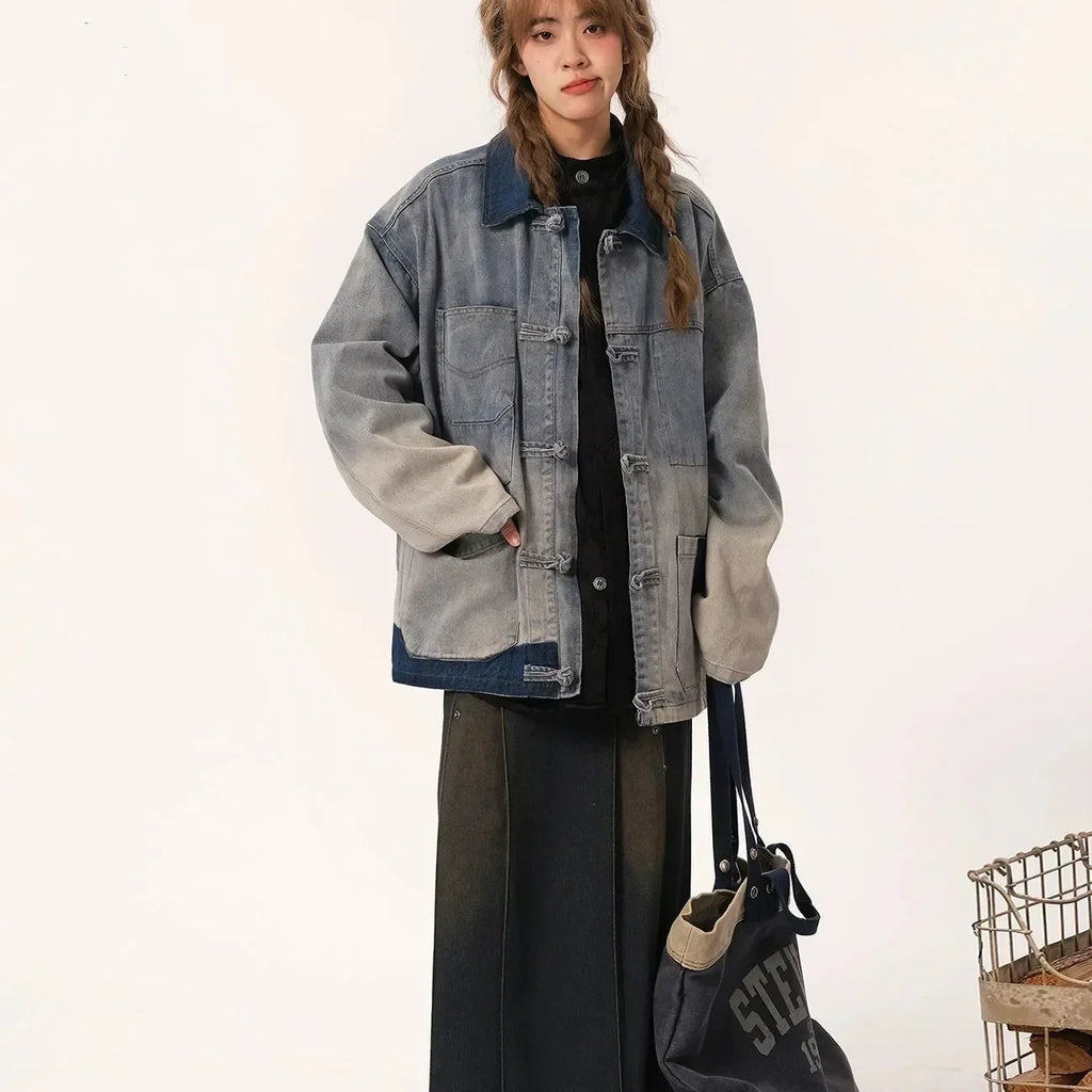 Chinese Style Retro Spliced Casual Denim Jacket