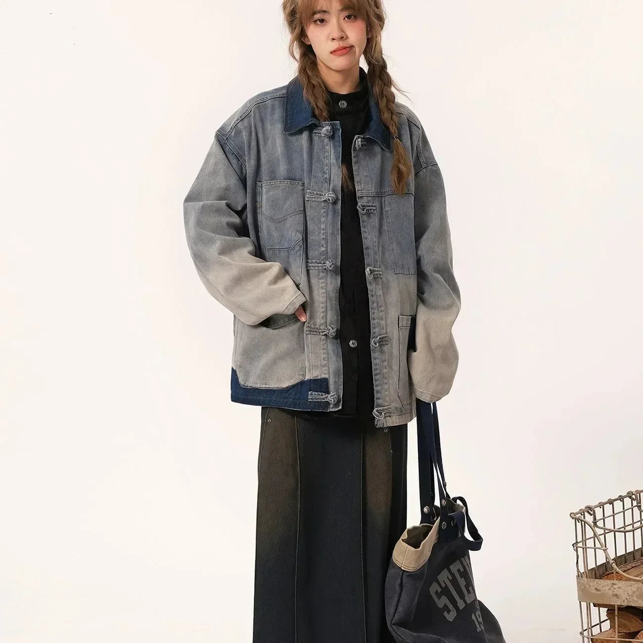 Chinese Style Retro Spliced Casual Denim Jacket