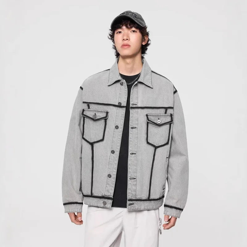 Gray Korean Style Vintage Motorcycle Denim Jacket