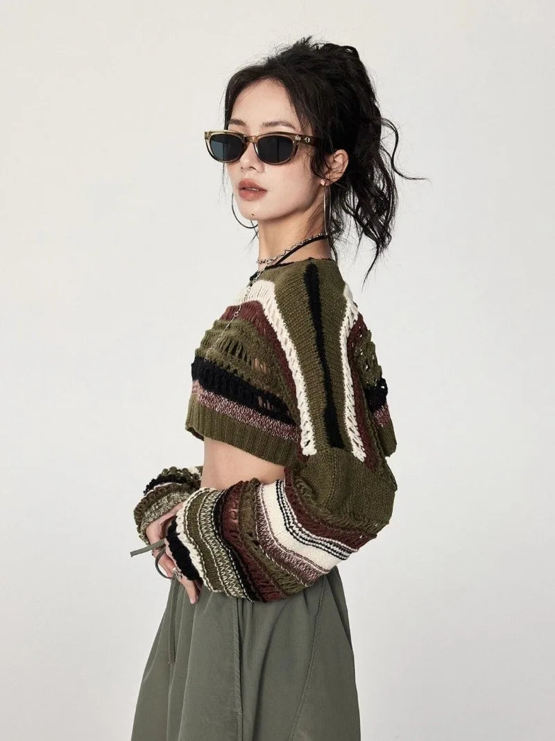 Green Stripe Hollow Out Knit Sweater