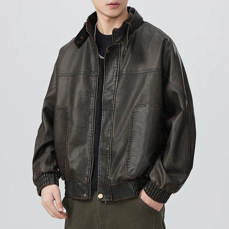 Men Vintage Japanese Style Motorcycle Leather Jacket