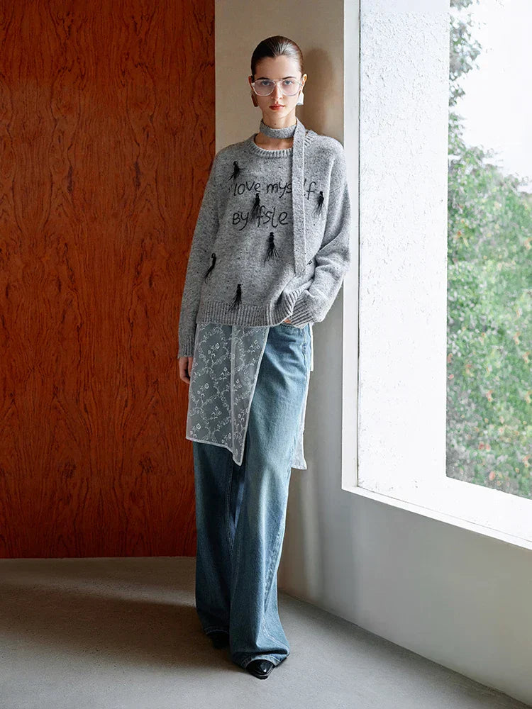 Women Luxury Ostrich Hair Embroidered Knit Sweater