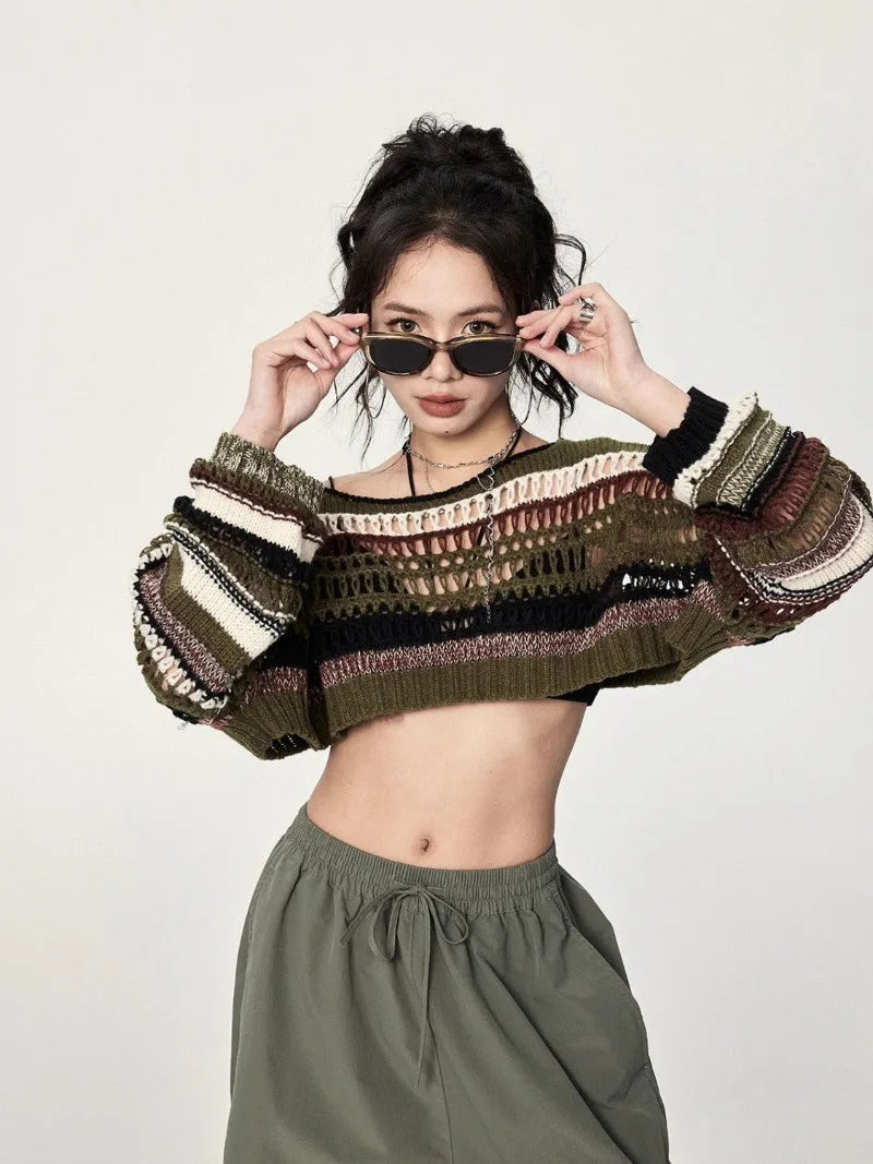 Green Stripe Hollow Out Knit Sweater
