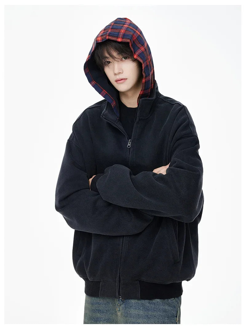 Vintage Streetwear Plaid Zipper Cool Hooded Sweatshirt